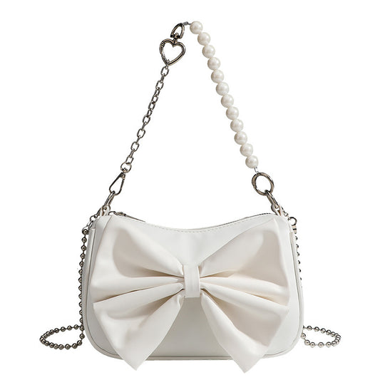 Black White PU Bow Handbags Autumn Winter Ladies Underarm Tote Bags