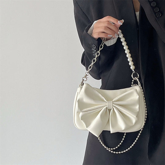 Black White PU Bow Handbags Autumn Winter Ladies Underarm Tote Bags