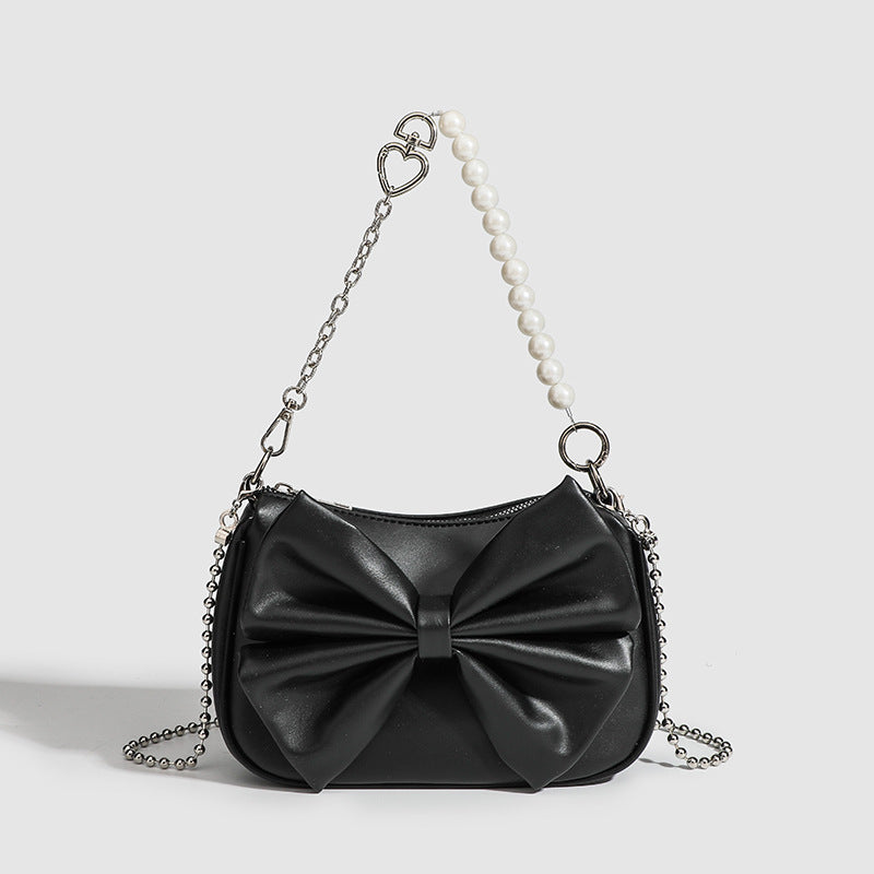 Black White PU Bow Handbags Autumn Winter Ladies Underarm Tote Bags