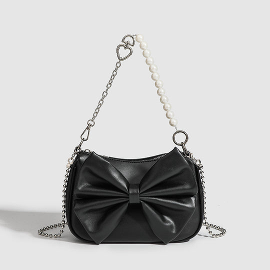 Black White PU Bow Handbags Autumn Winter Ladies Underarm Tote Bags