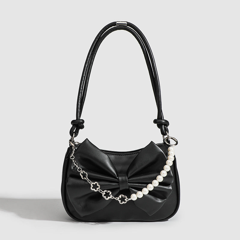 Black White PU Bow Handbags Autumn Winter Ladies Underarm Tote Bags