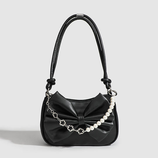 Black White PU Bow Handbags Autumn Winter Ladies Underarm Tote Bags