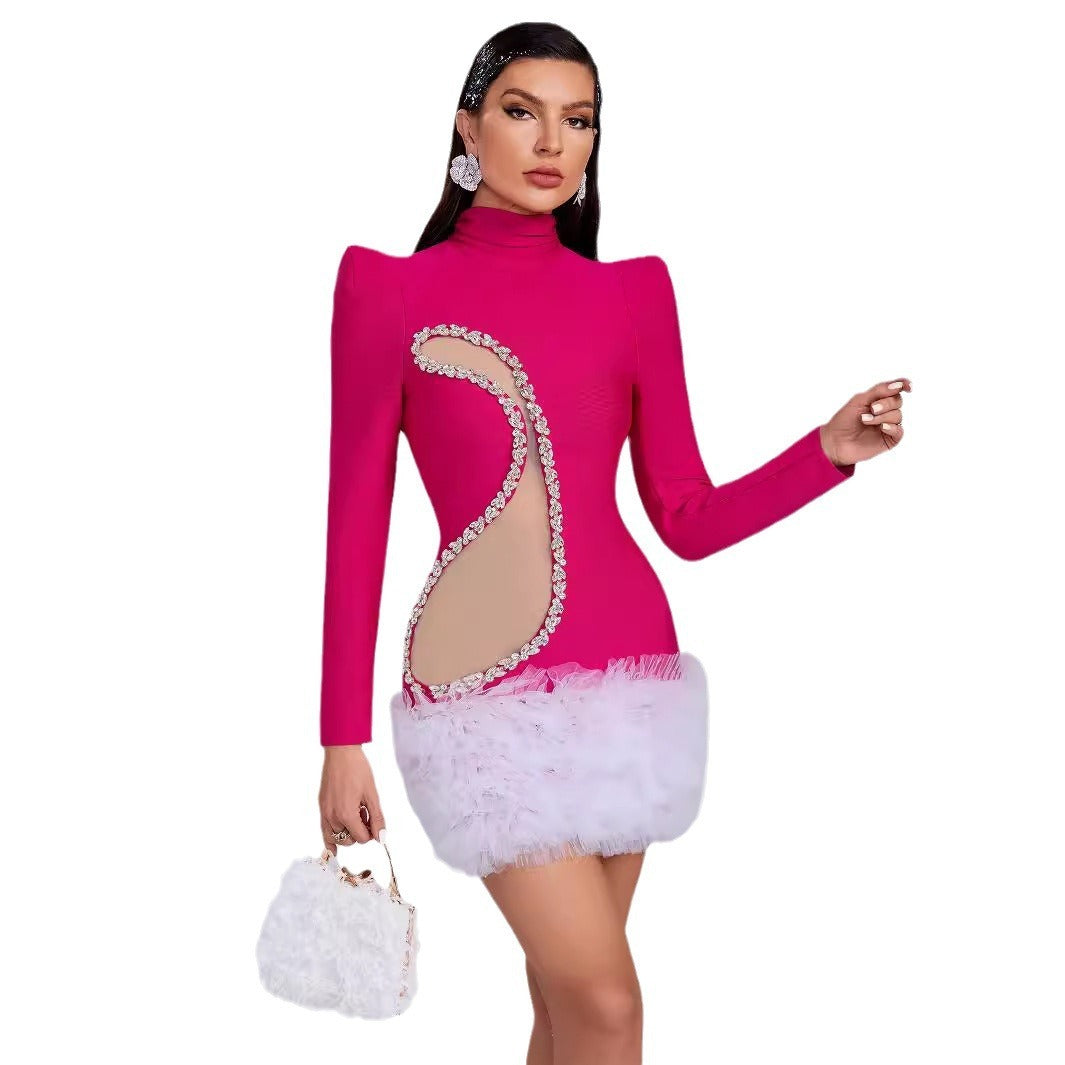 Rose Red Raglan Long Sleeve Sexy Ball Gown Dress